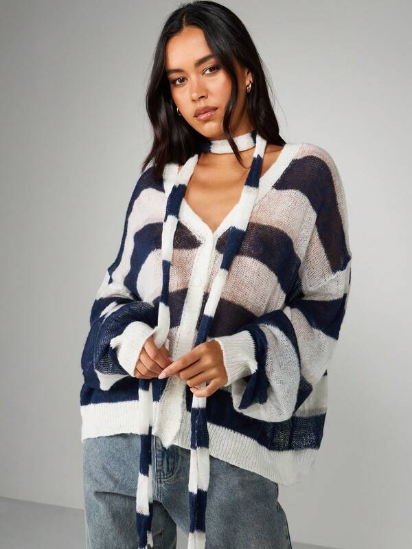 Missguided MISSGUIDED Oversized Striped Open Front Cardigan