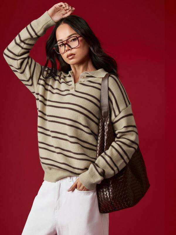 missguided MISSGUIDED Oversized Striped Polo Knit Sweater