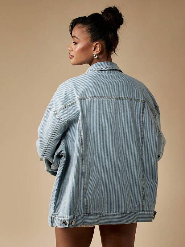 Missguided MISSGUIDED Oversized Striped Relaxed Vintage Style Retro Denim Trucker Jacket