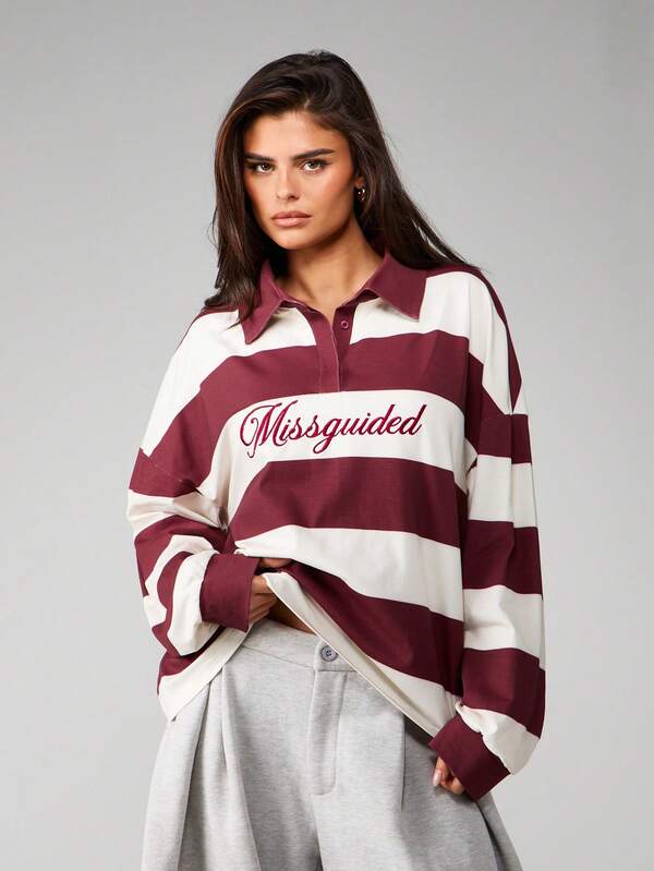 Missguided MISSGUIDED Oversized Striped Rugby Collar Sweatshirt
