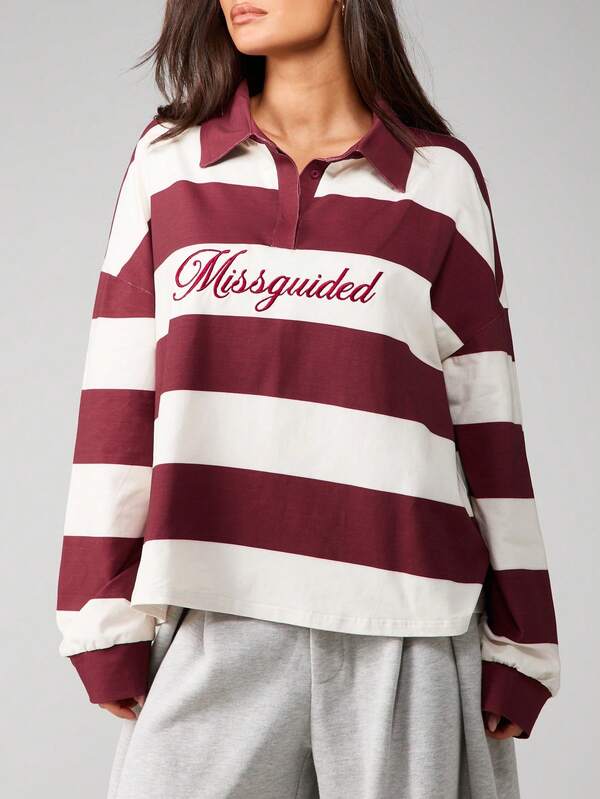 Missguided MISSGUIDED Oversized Striped Rugby Collar Sweatshirt