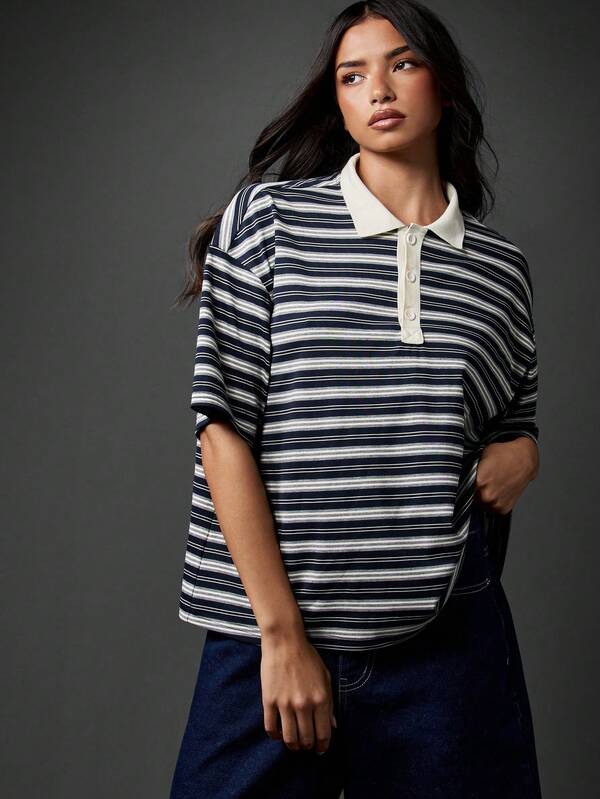 Missguided MISSGUIDED Oversized Striped Rugby Polo With Classic Collar