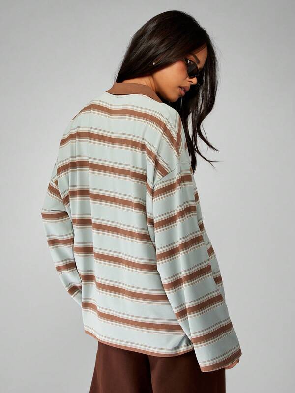 Missguided MISSGUIDED Oversized Striped Rugby Polo With Partial Button Placket