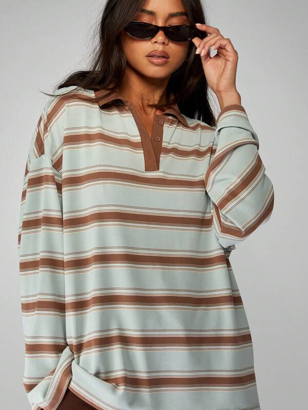 Missguided MISSGUIDED Oversized Striped Rugby Polo With Partial Button Placket