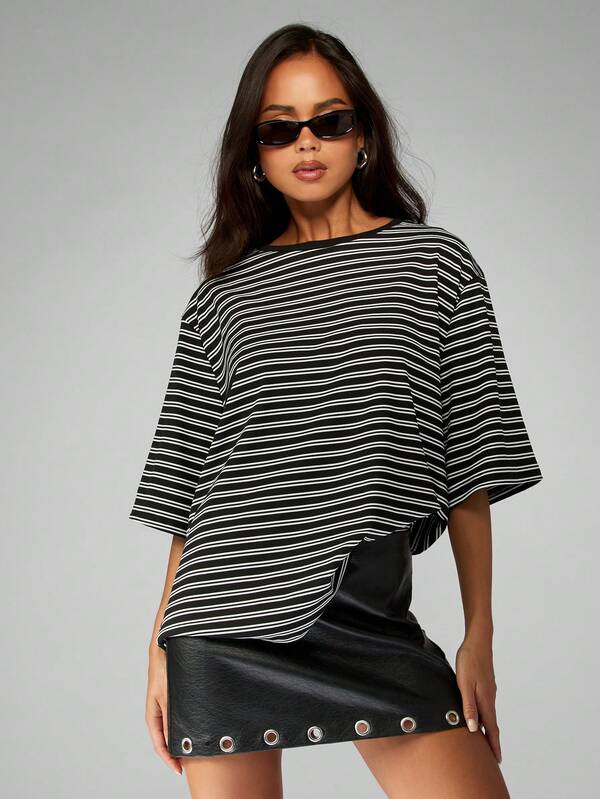Missguided MISSGUIDED Oversized Striped T Shirt With Crew Neck And Short Sleeves