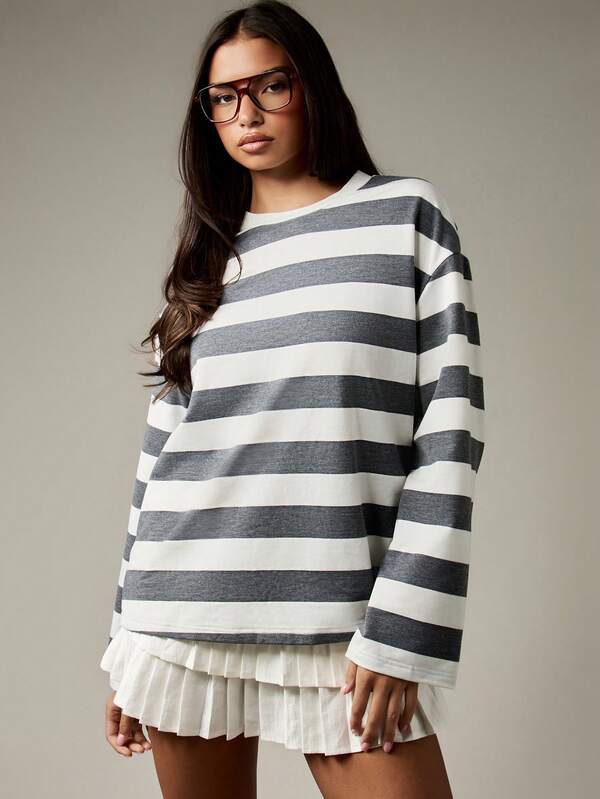 Missguided MISSGUIDED Oversized Striped T Shirt With Pleated Hem Details