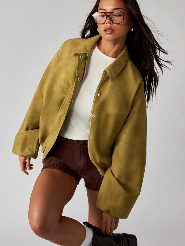 Missguided MISSGUIDED Oversized Suede Bomber Jacket With Zip Front