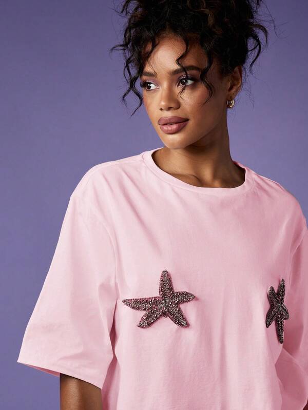Missguided MISSGUIDED Oversized T Shirt With Crystal Starfish Applique