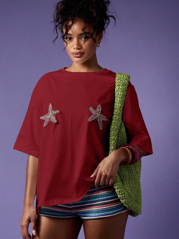 missguided MISSGUIDED Oversized T Shirt With Crystal Starfish Detail