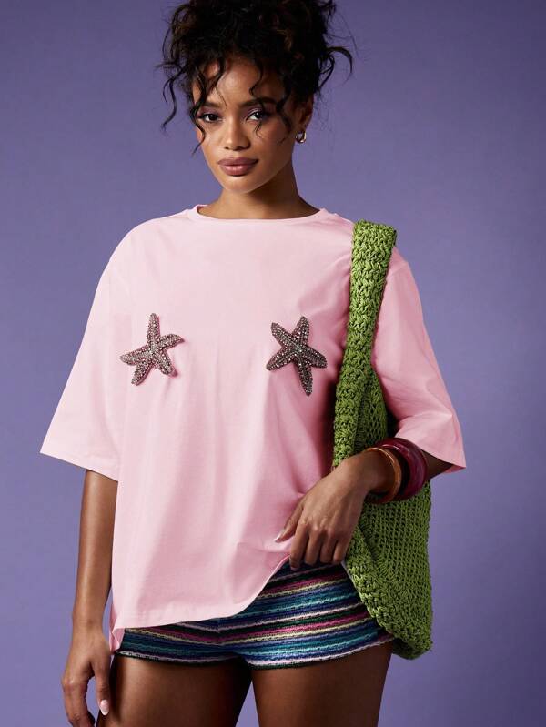 missguided MISSGUIDED Oversized T Shirt With Crystal Starfish Applique