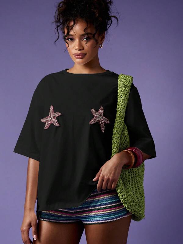 missguided MISSGUIDED Oversized T Shirt With Glitter Starfish Embellishments