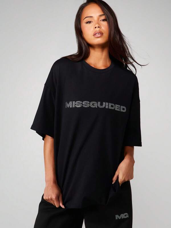 Missguided MISSGUIDED Oversized T-Shirt With Rhinestone Logo