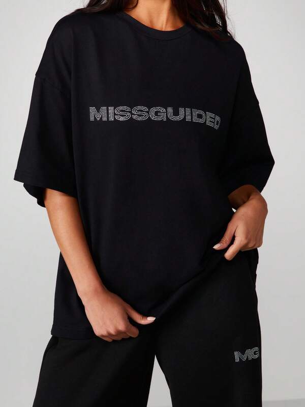 missguided MISSGUIDED Oversized T-Shirt With Rhinestone Logo