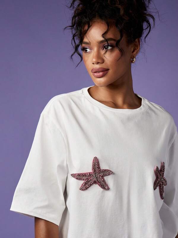 Missguided MISSGUIDED Oversized T-Shirt With Sparkly Starfish Applique