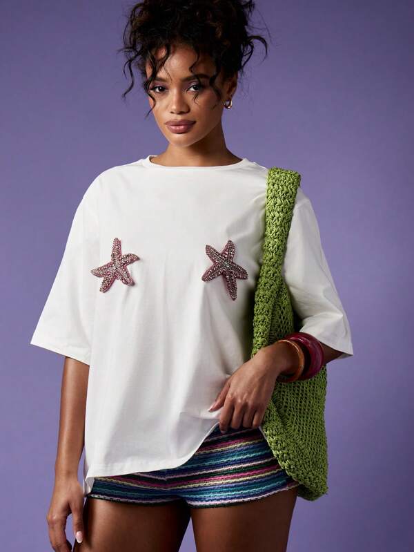 missguided MISSGUIDED Oversized T-Shirt With Sparkly Starfish Applique