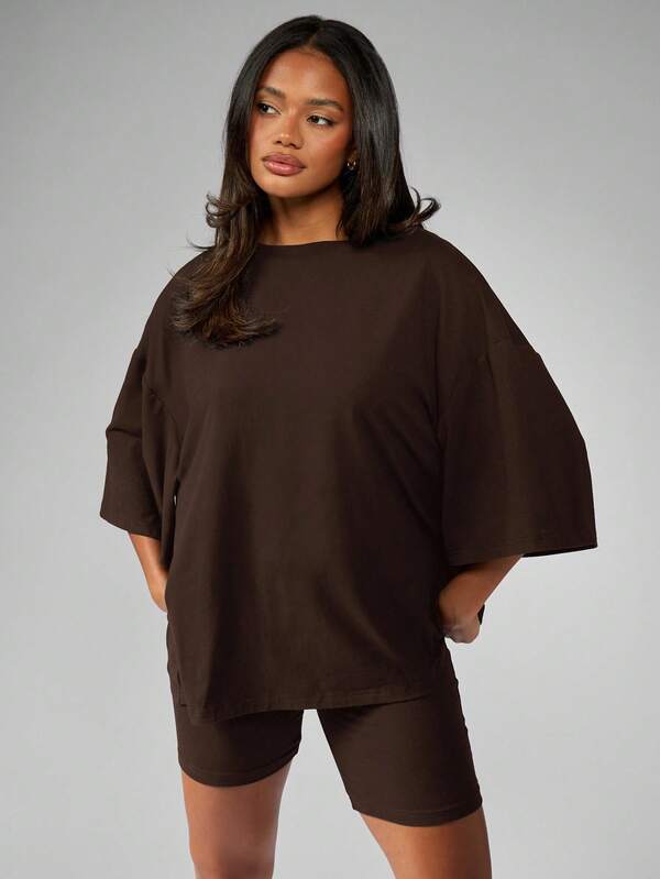 Missguided MISSGUIDED Oversized Tee And Biker Shorts Set With Wide Sleeves
