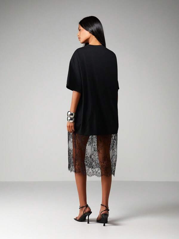 missguided MISSGUIDED Oversized Tee Dress With Lace Hem