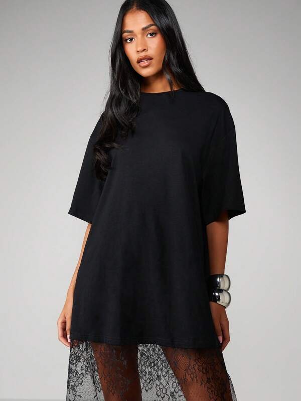 missguided MISSGUIDED Oversized Tee Dress With Lace Hem
