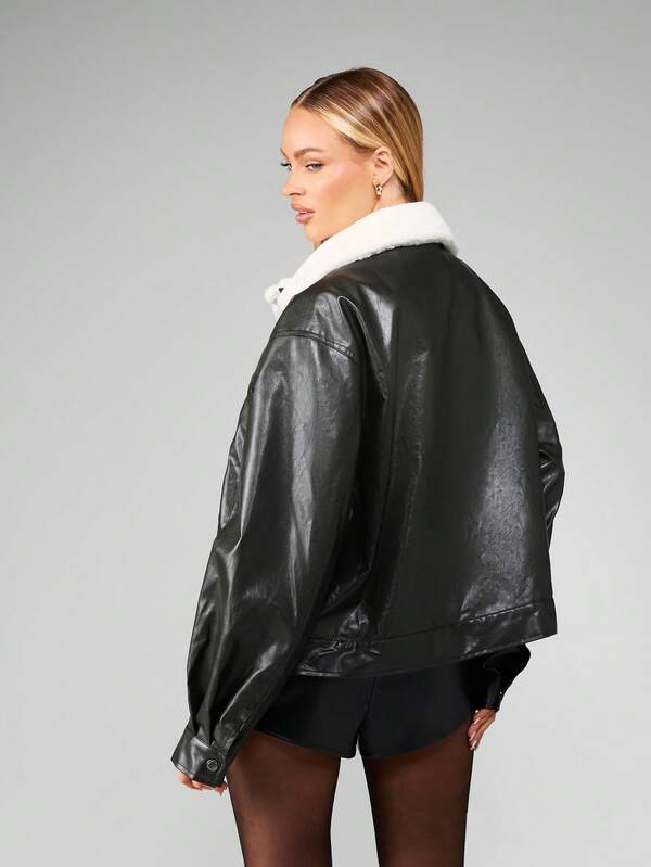 Missguided MISSGUIDED Oversized Trucker Jacket With Sherpa Collar And Faux Leather