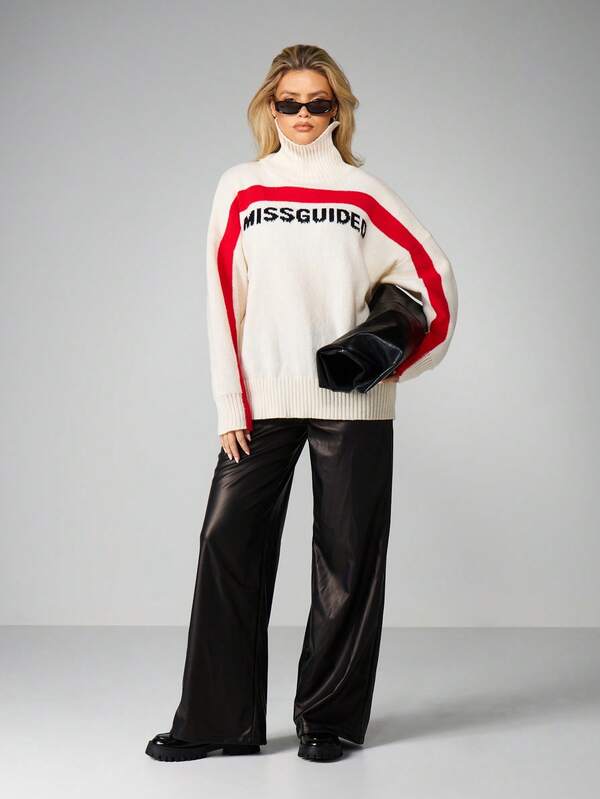 Missguided MISSGUIDED Oversized Turtleneck Sweater With Contrast Striping