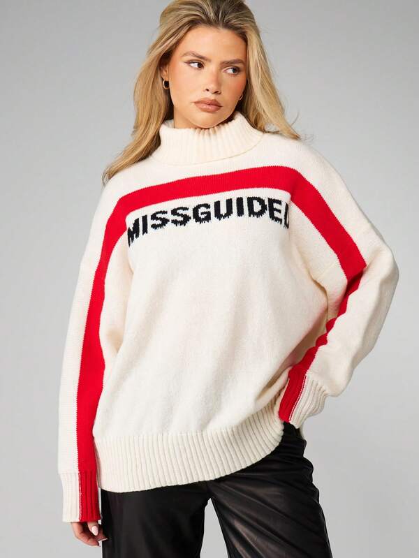 missguided MISSGUIDED Oversized Turtleneck Sweater With Contrast Striping