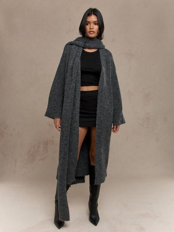 missguided MISSGUIDED Oversized Ultra Long Knit Woolen Cardigan With Matching Scarf