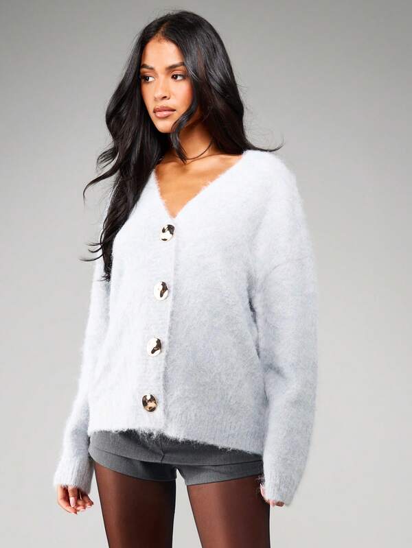 Missguided MISSGUIDED Oversized V-Neck Cardigan With Gold Buttons