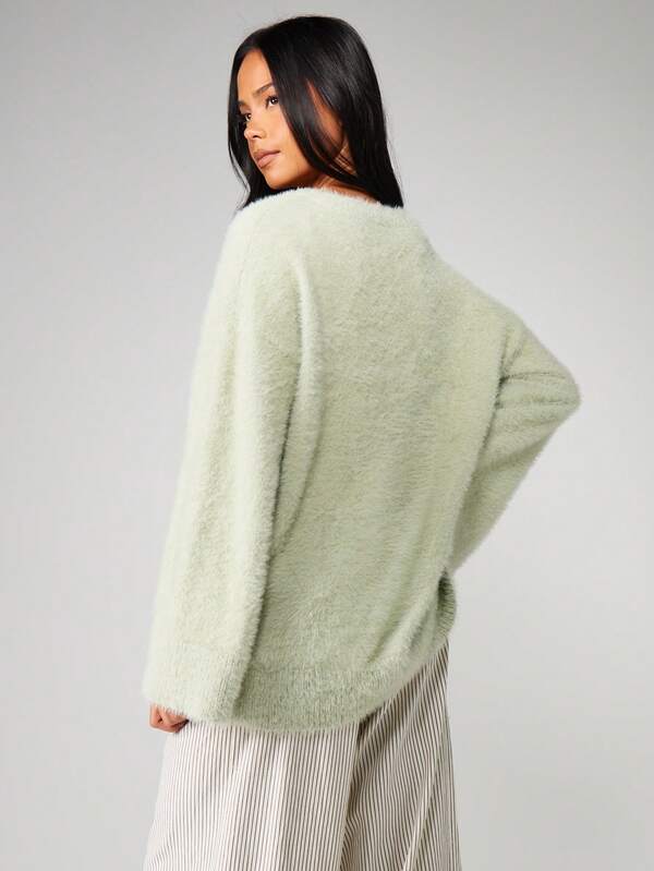 Missguided MISSGUIDED Oversized V Neck Fuzzy Knit Sweater