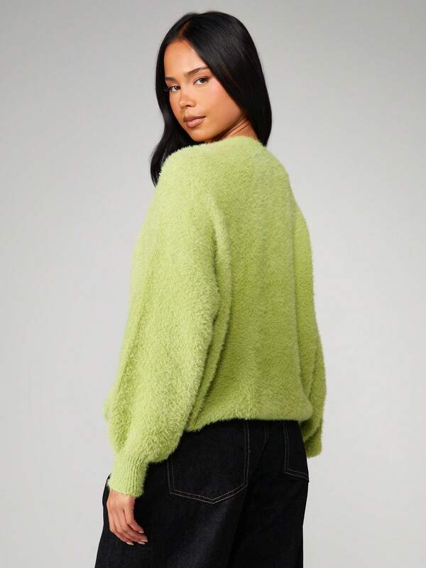 Missguided MISSGUIDED Oversized V Neck Fuzzy Knit Sweater