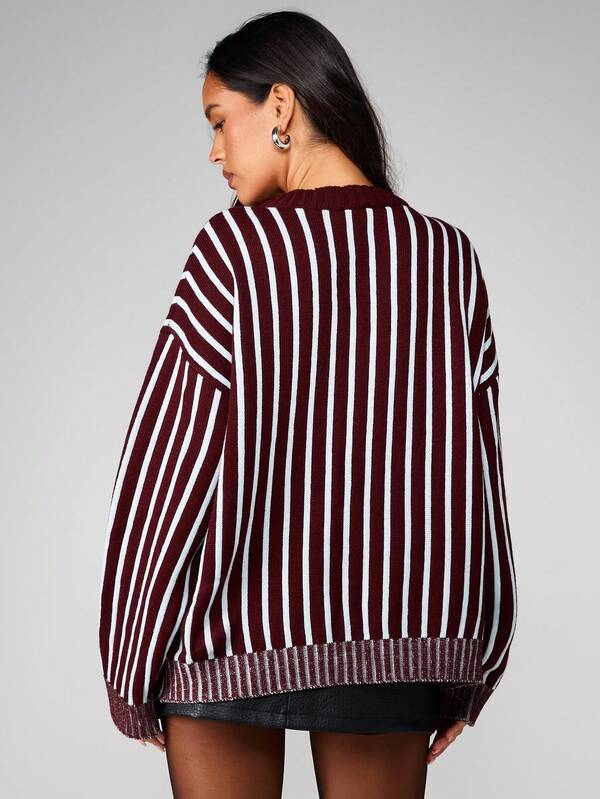 Missguided MISSGUIDED Oversized V-Neck Striped Knit Sweater