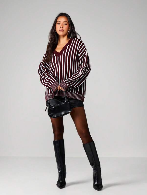 Missguided MISSGUIDED Oversized V-Neck Striped Knit Sweater