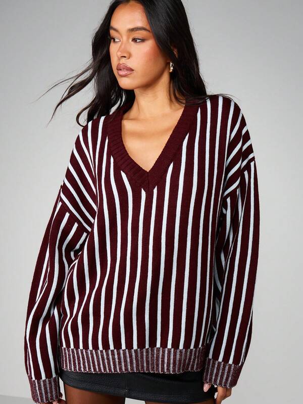 Missguided MISSGUIDED Oversized V-Neck Striped Knit Sweater