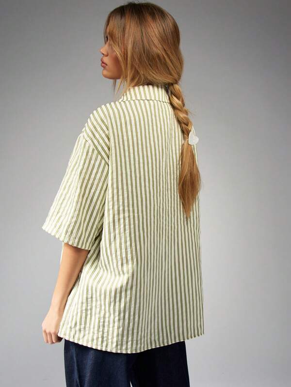 Missguided MISSGUIDED Oversized Vertical Striped Short Sleeve Button Down Blouse