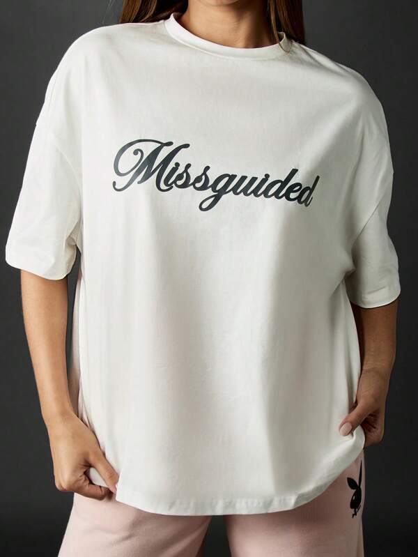 missguided MISSGUIDED Oversized White T Shirt With Brand Script Logo
