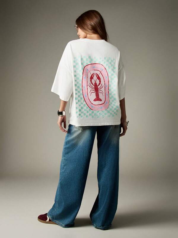 Missguided MISSGUIDED Oversized White T Shirt With Lobster Print And Checkerboard Pattern