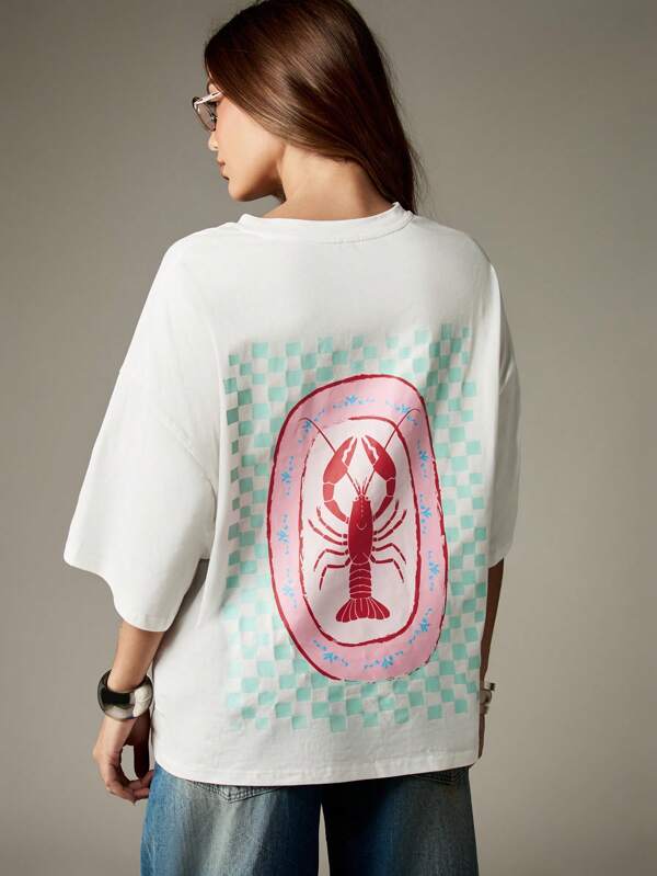 missguided MISSGUIDED Oversized White T Shirt With Lobster Print And Checkerboard Pattern