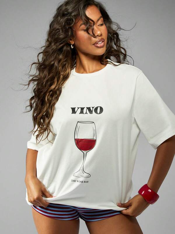 Missguided MISSGUIDED Oversized Wine Bar Graphic Vino Glass Print Design T-Shirt