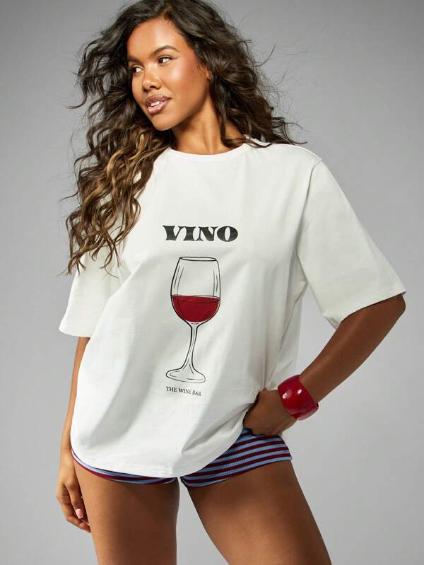 missguided MISSGUIDED Oversized Wine Bar Graphic Vino Glass Print Design T-Shirt