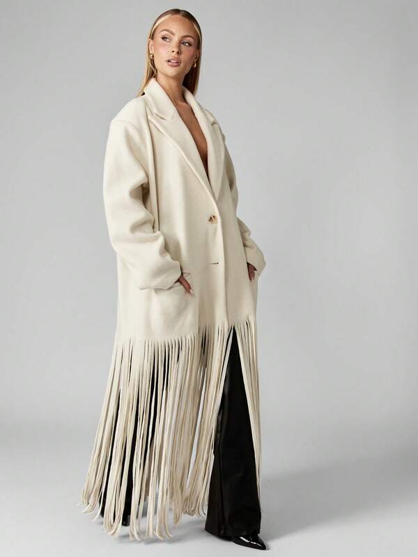 Missguided MISSGUIDED Oversized Wool Blend Coat With Floor Length Fringe Detail