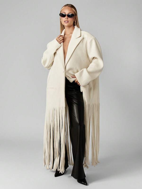 missguided MISSGUIDED Oversized Wool Blend Coat With Floor Length Fringe Detail