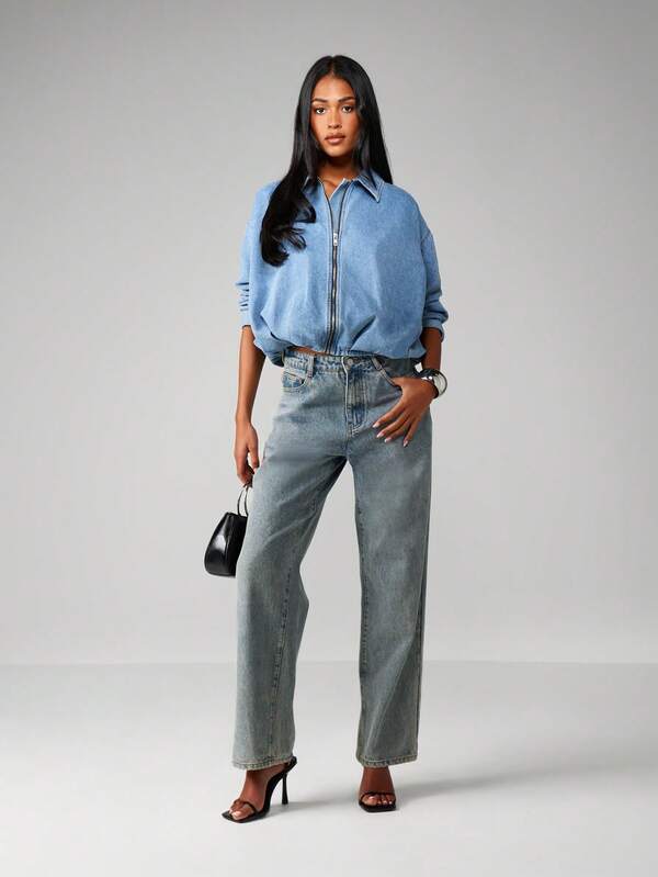 Missguided MISSGUIDED Oversized Zip Front Denim Jacket