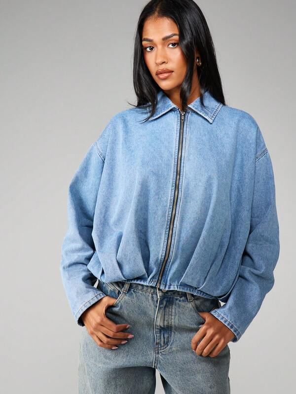 missguided MISSGUIDED Oversized Zip Front Denim Jacket