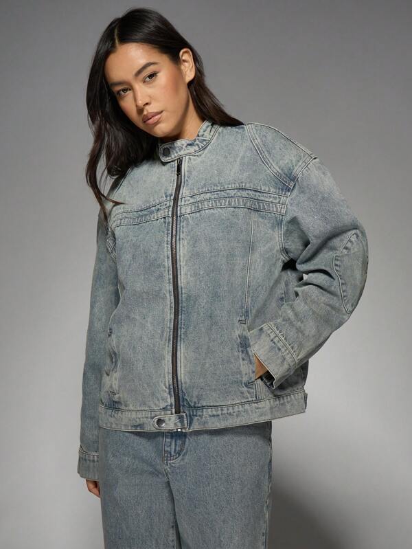 missguided MISSGUIDED Oversized Zip Front Trucker Style Denim Jacket