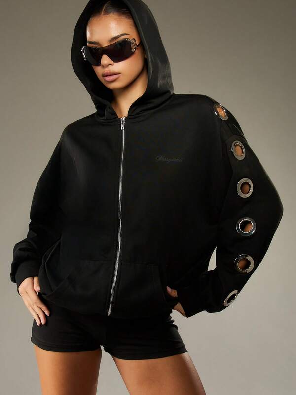 Missguided MISSGUIDED Oversized Zip Through Hoodie With Eyelet Details