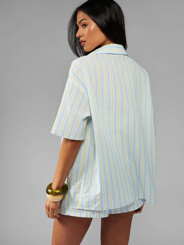 Missguided MISSGUIDED Oxford Striped Button Down Short Sleeve Blouse