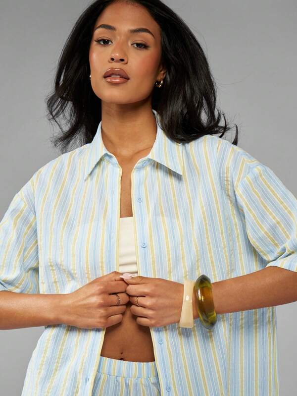 Missguided MISSGUIDED Oxford Striped Button Down Short Sleeve Blouse