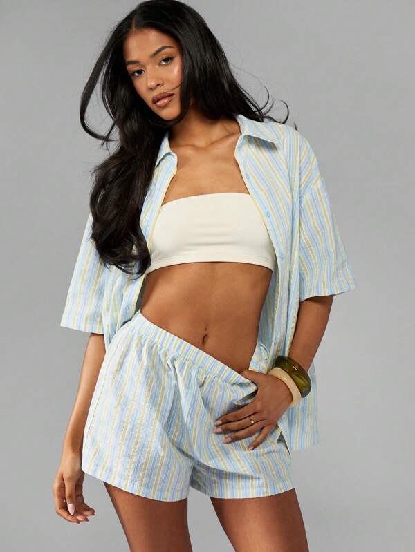 missguided MISSGUIDED Oxford Striped Button Down Short Sleeve Blouse