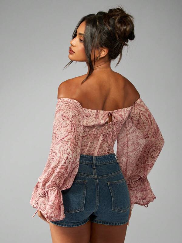 Missguided MISSGUIDED Paisley Chiffon Bardot Corset Puff Sleeve Boho Cottage Core Blouse