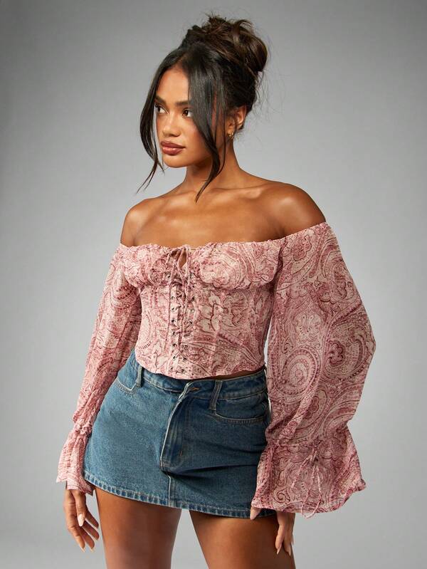 Missguided MISSGUIDED Paisley Chiffon Bardot Corset Puff Sleeve Boho Cottage Core Blouse