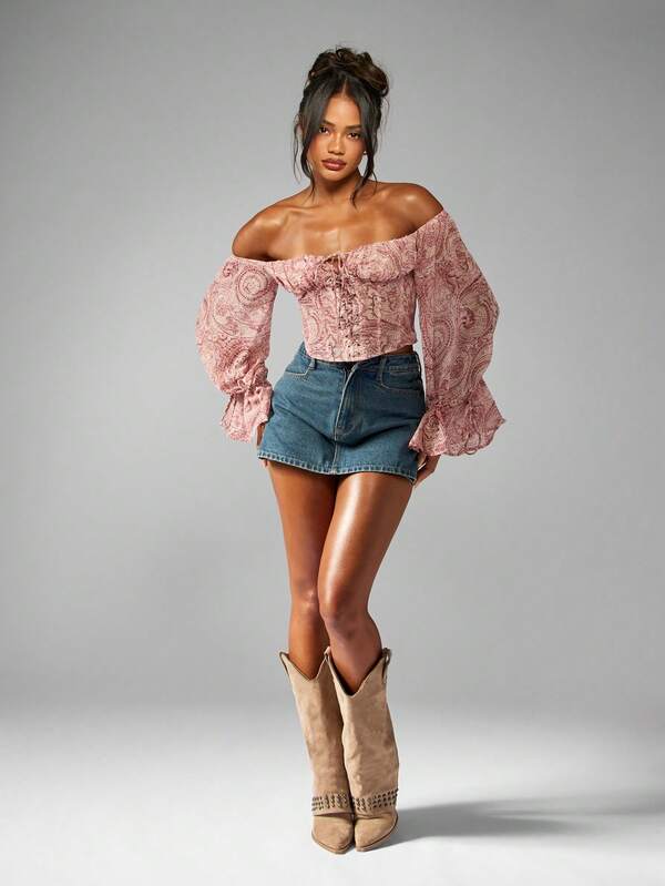 Missguided MISSGUIDED Paisley Chiffon Bardot Corset Puff Sleeve Boho Cottage Core Blouse
